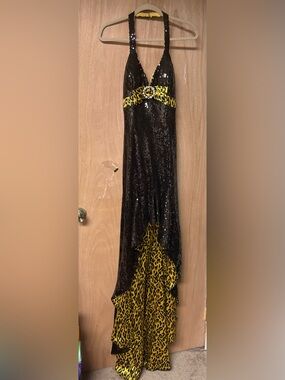 Black Sequin High-Low Skirt with Yellow Leopard Accent